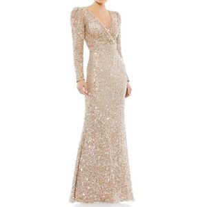 Mac Duggal Shimmering Gold Sequined Puff Shoulder Surplice Evening Gown -Reemoly